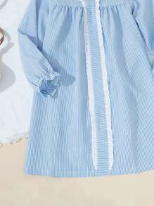 1pc Blue & White Striped Long Sleeve Dress With Ruffle Collar, Autumn