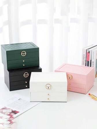 1 件套带锁收纳盒，多层珍珠宝盒带锁，双层抽屉式 PU 皮革首饰盒，可上锁戒指、耳环、手链、项链首饰带锁收纳盒，优雅可上锁双层首饰盒