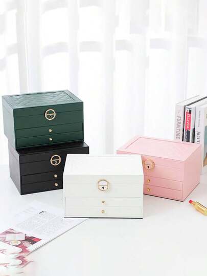 1 件套带锁收纳盒，多层珍珠宝盒带锁，双层抽屉式 PU 皮革首饰盒，可上锁戒指、耳环、手链、项链首饰带锁收纳盒，优雅可上锁双层首饰盒