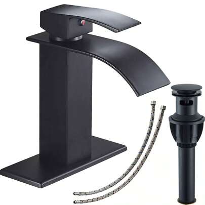 Matte Black/Chrome Waterfall Bathroom Faucet - Single Handle Mixer Tap For 1/3 Hole Sinks | Includes Deck Plate, Pop-Up Drain & Supply Hoses | Modern Vessel Vanity Set