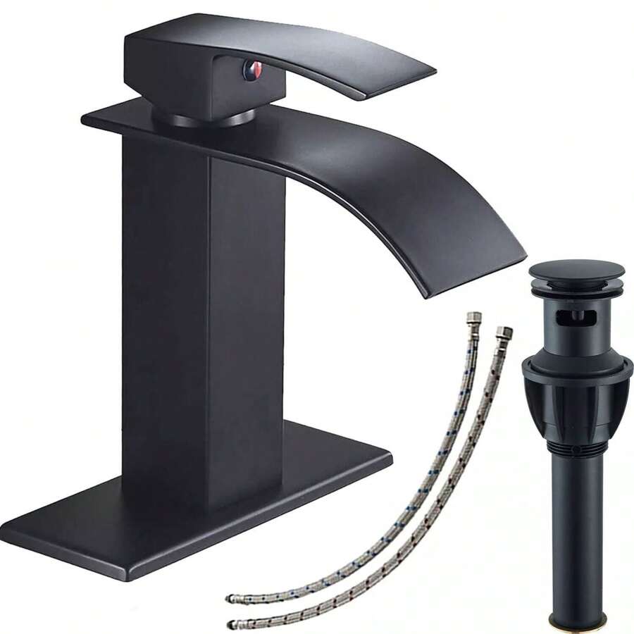 Matte Black/Chrome Waterfall Bathroom Faucet - Single Handle Mixer Tap For 1/3 Hole Sinks | Includes Deck Plate, Pop-Up Drain & Supply Hoses | Modern Vessel Vanity Set - Black - View 1
