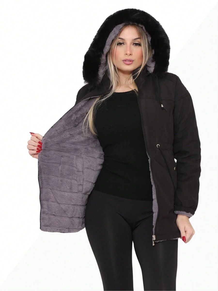 Women's Double-Sided Plush Lined Twill Parka Jacket - 黑色 - 查看 1