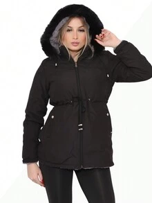 Women's Double-Sided Plush Lined Twill Parka Jacket - 黑色 - 查看 2