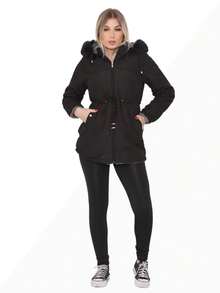 Women's Double-Sided Plush Lined Twill Parka Jacket - 黑色 - 查看 7