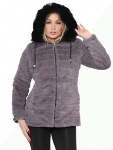 Women's Double-Sided Plush Lined Twill Parka Jacket - 黑色 - 查看 3