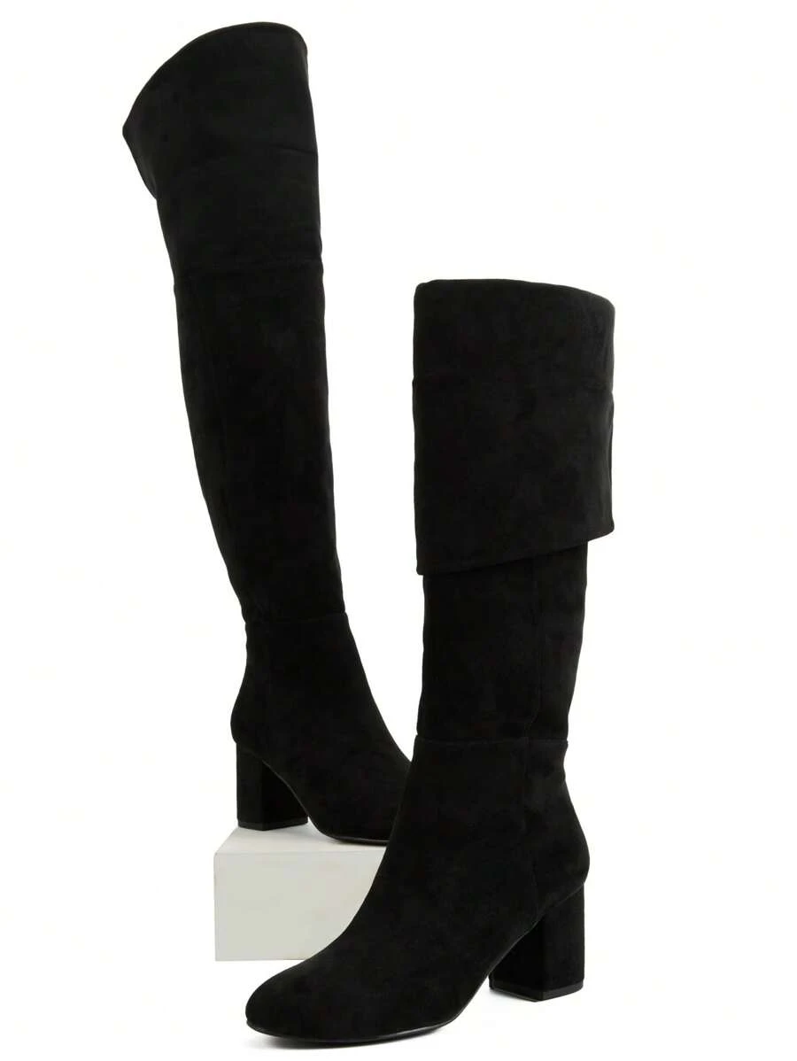 Women Knee High Boots Suede Chunky Heel Side Zipper Fashion Boots Stretch Over The Knee Boots Valentine's Day - 黑與白 - 查看 1