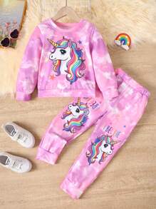 2pcs/Set Young Girls Tie-Dye Unicorn Print Long Sleeve Sweatshirt And Tie-Dye Unicorn Print Pants, Autumn/Winter