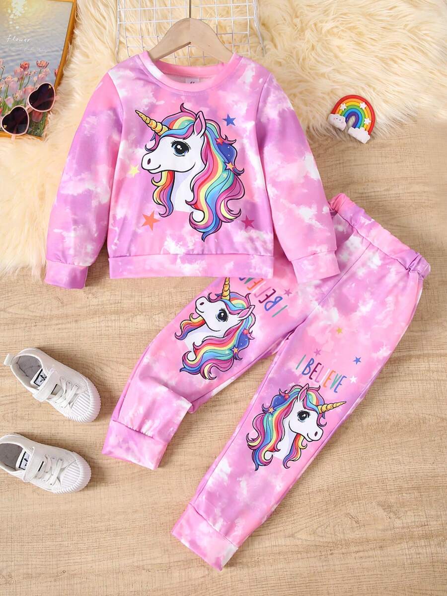 2pcs/Set Young Girls Tie-Dye Unicorn Print Long Sleeve Sweatshirt And Tie-Dye Unicorn Print Pants, Autumn/Winter