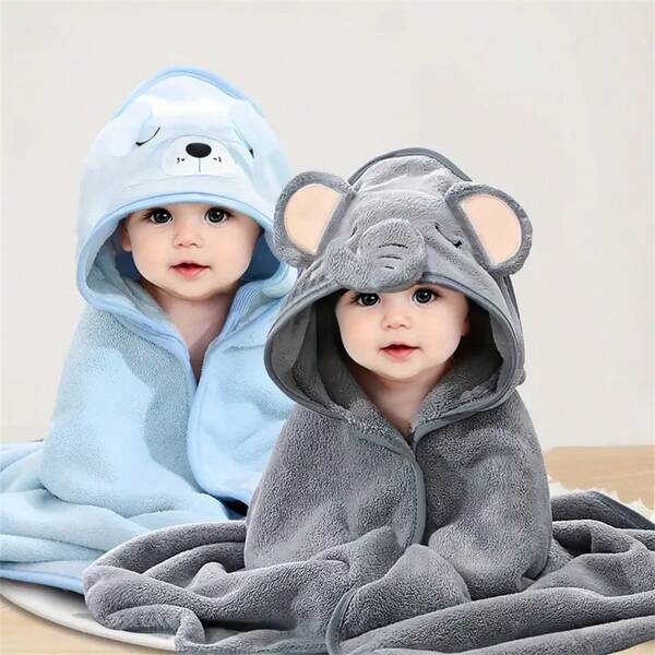 2pcs Baby Bath Towel Set, Unisex Animal Face Hooded Baby Cape, Soft Coral Fleece Cartoon Bathing Accessory For Infants, All Seasons Usage