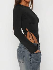 Stylish Sexy Tie Strap Cutout Shoulder T-Shirt For Women - Black - View 3