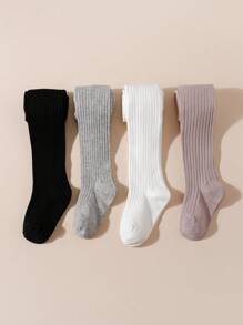 4 件装女童竖条纹纯色紧身裤，适合所有季节日常穿着 - 彩色 - 查看 4