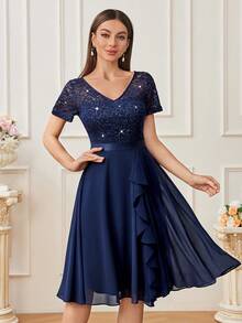 MIUSOL V Neck Sequin Lace Ruffle Trim Summer Prom Party Swing Dress - Navy Blue - View 7