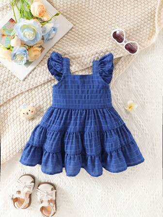 女婴蓝色荷叶边方领夏季连衣裙