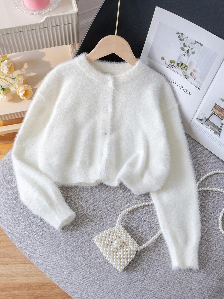 Tween Girls Elegant Solid Color Cropped Cardigan Sweater, Suitable For Casual, Vacation, Spring, Autumn, Winter - White - View 1