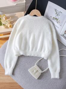 Tween Girls Elegant Solid Color Cropped Cardigan Sweater, Suitable For Casual, Vacation, Spring, Autumn, Winter - White - View 2