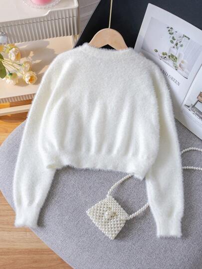Tween Girls Elegant Solid Color Cropped Cardigan Sweater, Suitable For Casual, Vacation, Spring, Autumn, Winter