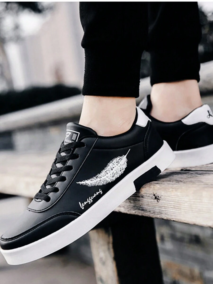 Zapatos casuales de con suela de goma, punta redonda, cordones, personalidad elegante, "Zapatillas de deporte simples para estudiantes de diseño de plumas casuales de moda para, Negro - "Las Zapatillas Casuales De Suela Pesada Para Hombres Son Ligeras, Cómodas, Elegantes, Zapatos Deportivos Casuales Para Estudiantes, Ligeros, Transpirables, Antideslizantes, Resistentes Al Desgaste, Clásicos, Elegantes, Simples, - Negro - Ver 1