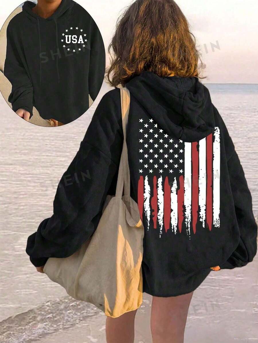 USA Slogan Print Loose Fit Hoodie For Women - màu đen - Xem 1