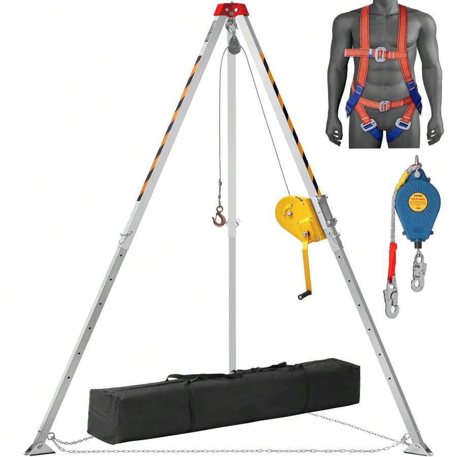 Confined Space Tripod Kit, 2600 Lbs Winch, Confined Space Tripod 8' Legs And 98' Cable, Confined Space Rescue Tripod 32.8' Fall Protection, Harness, Storage Bag For Traditional Confined Spaces