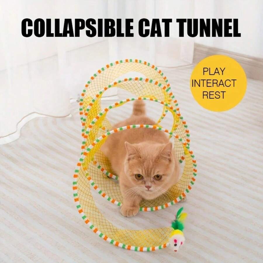 1pc Foldable S-Shaped Cat Tunnel Toy With Spring, Mouse Tunnel With Ball And Crinkle Sound, Interactive Outdoor Cat Toy - Multicolor - View 1