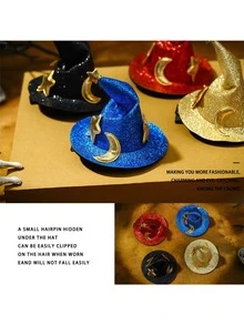 1 pieza Broche de pelo con sombrero de bruja de mini estrella brillante y luna, accesorio de pelo lindo para fiesta de Halloween, regalo de broche de sombrero de mago para accesorios de mujeres y niñas - Multicolor - Ver 7