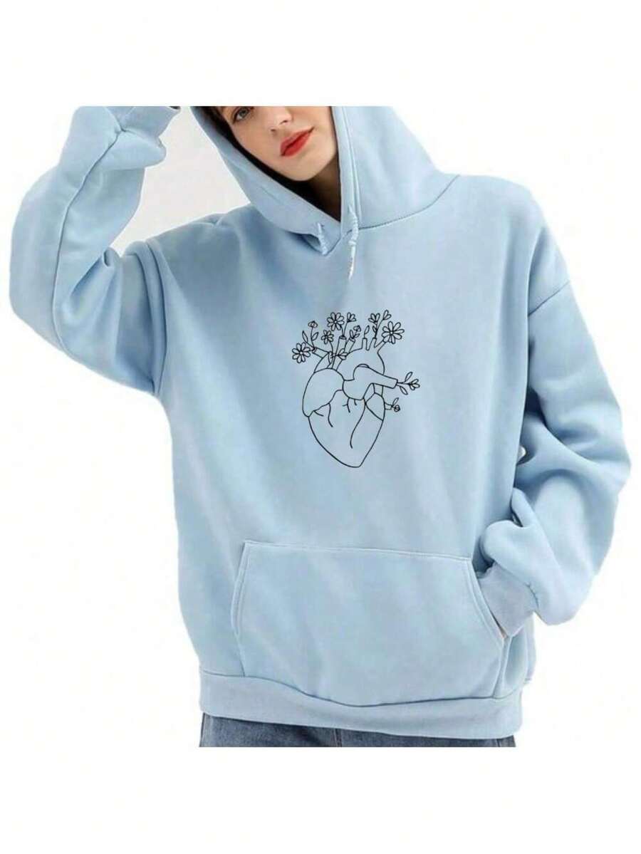 Flannel Kangaroo Sweatshirt Warm Coat Gringa Fashion Personalized Human Heart With Flowers - 藍色 - 查看 1