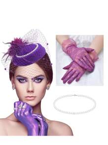 1 套女士经典时尚人造珍珠项链、蕾丝手套、发夹、迷你帽子和羽毛配饰装饰套装，多色可选，婚礼、派对、拍照、万圣节、圣诞节、生日礼物必备成年女性服装 - 彩色 - 查看 18
