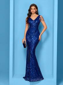 XUIBOL Elastic Sequins Dress, Comfortable Fit For Various Figures, V-Neck Mermaid Waist Design, Elegantly Decor With Handmade Beaded Shoulder Chains, Solid Color Dress For Women, Perfect For Formal Occasions Like Parties, Graduations, Weddings, And Galas, Prom Evening Gown, For Wedding Guest, Dinner Party Dress - Royal Blue - View 2