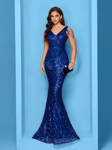 XUIBOL Elastic Sequins Dress, Comfortable Fit For Various Figures, V-Neck Mermaid Waist Design, Elegantly Decor With Handmade Beaded Shoulder Chains, Solid Color Dress For Women, Perfect For Formal Occasions Like Parties, Graduations, Weddings, And Galas, Prom Evening Gown, For Wedding Guest, Dinner Party Dress - Royal Blue - View 3