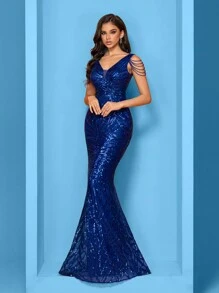 XUIBOL Elastic Sequins Dress, Comfortable Fit For Various Figures, V-Neck Mermaid Waist Design, Elegantly Decor With Handmade Beaded Shoulder Chains, Solid Color Dress For Women, Perfect For Formal Occasions Like Parties, Graduations, Weddings, And Galas, Prom Evening Gown, For Wedding Guest, Dinner Party Dress - Royal Blue - View 5