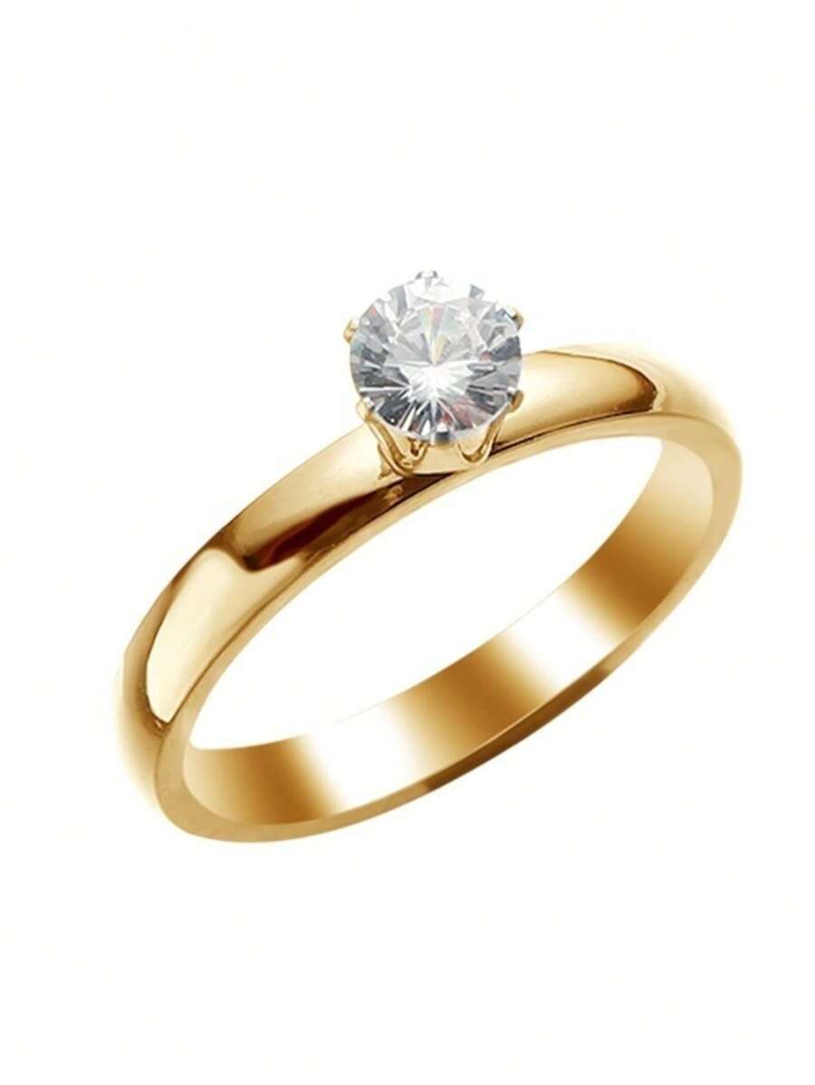 Gold Plated Solitaire Ring Zirconia Stone Diamond Shape 4mm Steel / Silver Plated Solitaire - 金色 - 查看 1