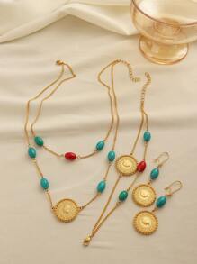 1set Vintage Luxury Gold-Tone Peacock Stone Bead Coin Pendant Earrings Bracelet Necklace Jewelry Set, Suitable For Women Daily Wear And Gifting