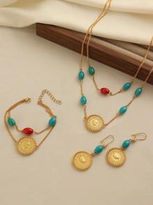1set Vintage Luxury Gold-Tone Peacock Stone Bead Coin Pendant Earrings Bracelet Necklace Jewelry Set, Suitable For Women Daily Wear And Gifting