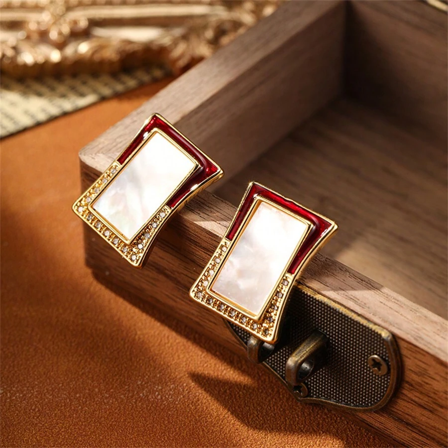 salmoph 1pair Vintage Square Shell Stud Earrings Suitable For Daily Wear For Women - EAS-2040 - View 1