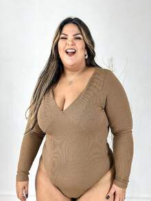 Women's Bodysuit V Neck Long Sleeve Plus Size Curvy - 薑色 - 查看 1