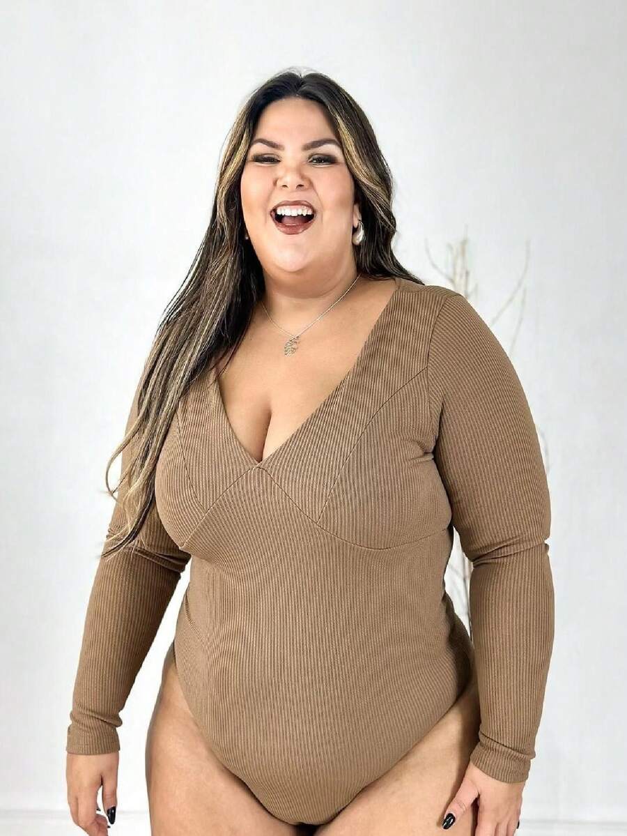 Women's Bodysuit V Neck Long Sleeve Plus Size Curvy - 薑色 - 查看 1