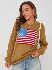 Gebreide trui met vlagpatroon in de herfst/winter, modieuze casual noodlijdende losse oversized trui voor dames