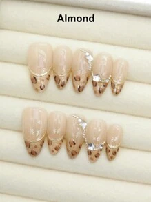 Bộ 10 móng tay giả đính đá giả hình quả hạnh nhân họa tiết da báo óng ánh kiểu Pháp thanh lịch dùng để trang trí móng tay - Nhiều màu - Xem 3