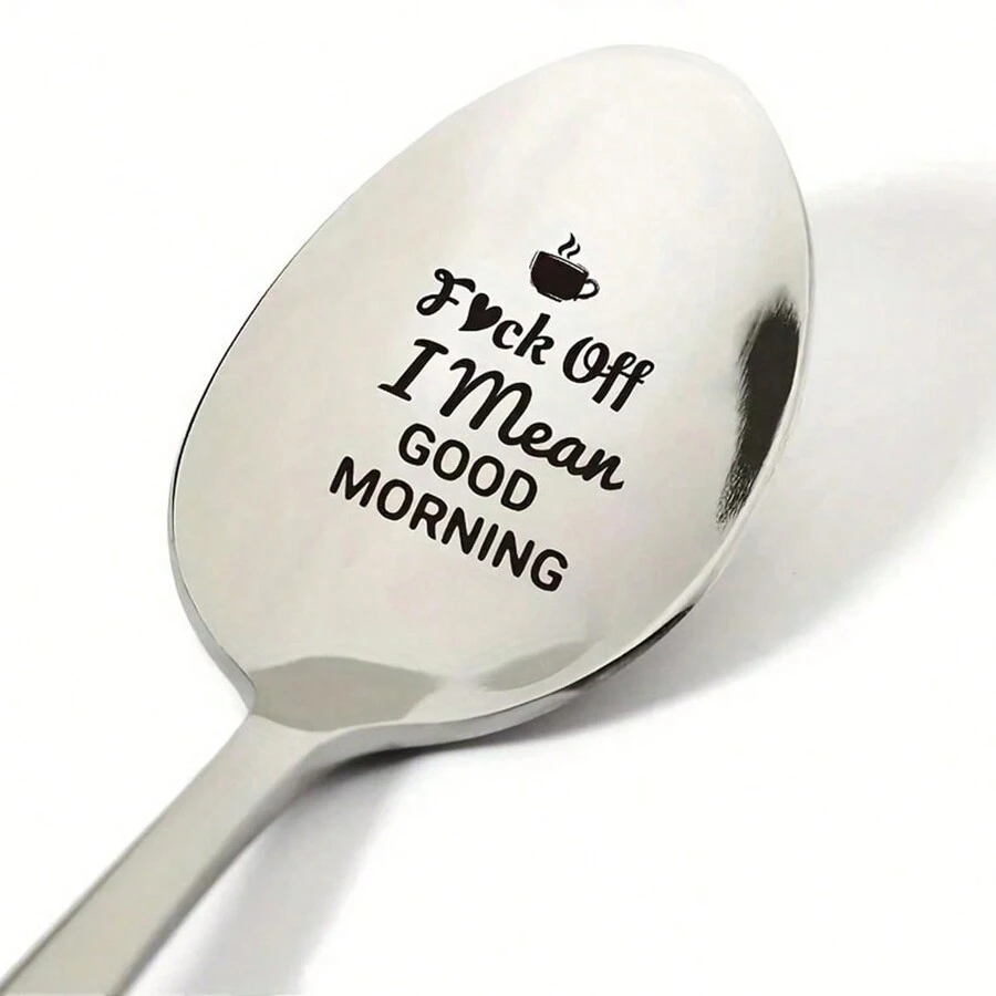 1 件不锈钢勺子，“我的意思是早上好”雕刻勺子、趣味勺子、咖啡勺、冰淇淋勺、茶匙、甜点勺，适用于家庭聚会、生日礼物、派对用品 - 銀色 - 查看 1