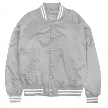 Men Solid Varsity Bomber Jacket Waterproof Fall Winter Summer Lightweight All Season Striped Trim Slant Pockets Baseball Jacket Snap Button - 灰色 - 查看 2