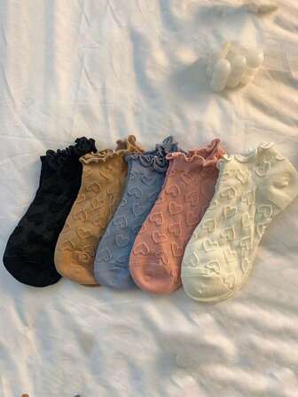 5pairs/Pack Women's Cute Lace Trim Solid Color Lolita Style Short Socks For Daily Wear