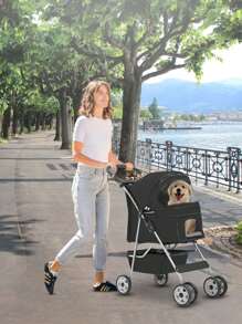 4 Wheels Dog Stroller, Pet Cat Jogger Stroller, Folding Carrier Waterproof Puppy Stroller With Cup Holder & Removable Liner, Dog Strollers For Small Dogs, For Small And Medium Pet Supplies