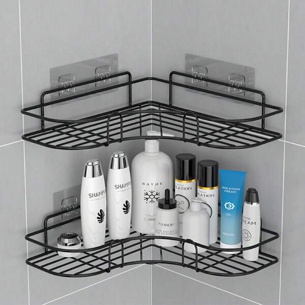 2pcs/Set No-Drill Triangle Shelf Wall-Mount Storage Rack, Iron Bathroom Organizer Holder