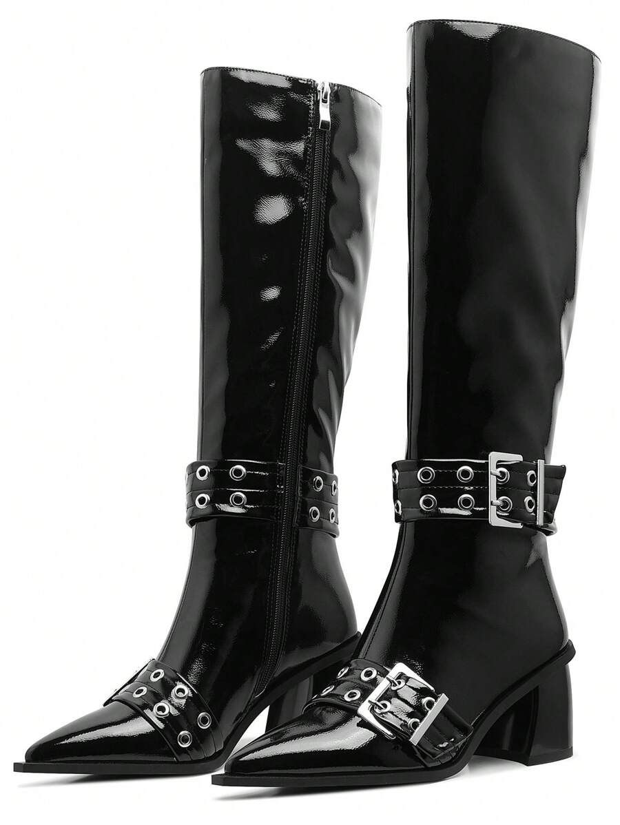 Women Knee High Boots Buckle Side Zipper Chunky Heel Pointed Toe Boots Tall Dress Riding Boots - 黑色 - 查看 1