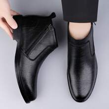 Men's Chelsea Boots, Crocodile Embossed Pattern, Round Toe, Flat Bottom, Side Zipper, Mid-Top, Casual, Black