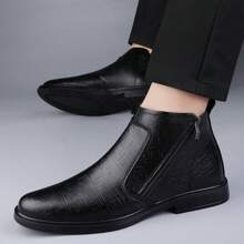 Men's Chelsea Boots, Crocodile Embossed Pattern, Round Toe, Flat Bottom, Side Zipper, Mid-Top, Casual, Black