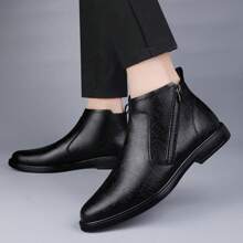 Men's Chelsea Boots, Crocodile Embossed Pattern, Round Toe, Flat Bottom, Side Zipper, Mid-Top, Casual, Black