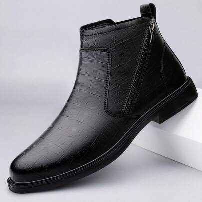 Men's Chelsea Boots, Crocodile Embossed Pattern, Round Toe, Flat Bottom, Side Zipper, Mid-Top, Casual, Black