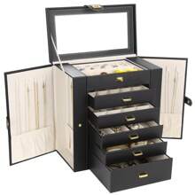 Extra Large Jewelry Box For Women, Jewelry Case PU Leather(Black), 6 Tier 5 Drawers Large Storage Capacity With Mirror Jewelry Storage Organizer Great Gift Also Good For Watches - Black - View 8