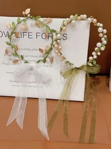 1pc Adjustable Girls Pearl Flower Headband With Ribbon, Multipurpose For Party, Performance, Birthday, School, Photo Shoot - One Size Fits All - View 3